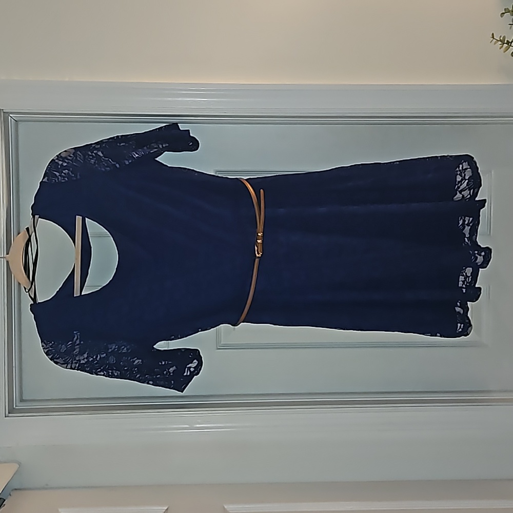 Navy lacy cocktail dress, tan belt, size M